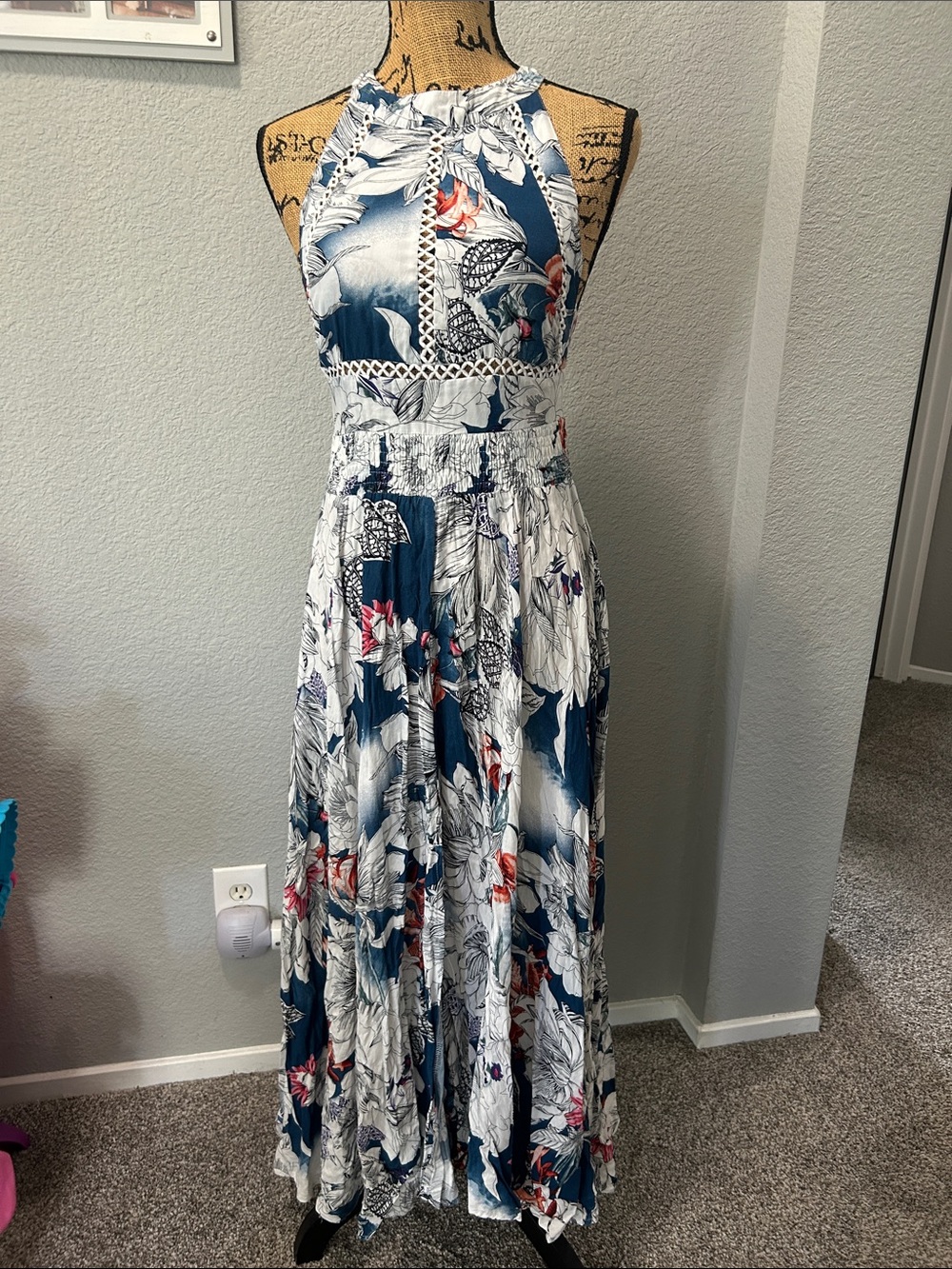 Floral Halter Maxi Dress in Blue and White size Small